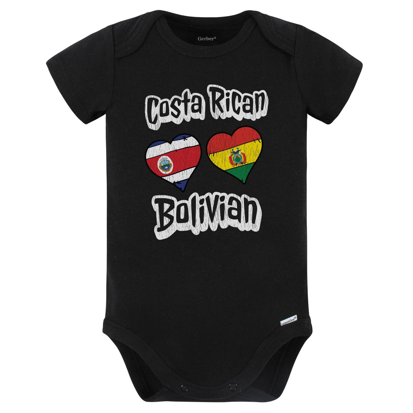 Costa Rican Bolivian Flag Heart Combo Costa Rica Bolivia Baby Bodysuit Distressed (Black)