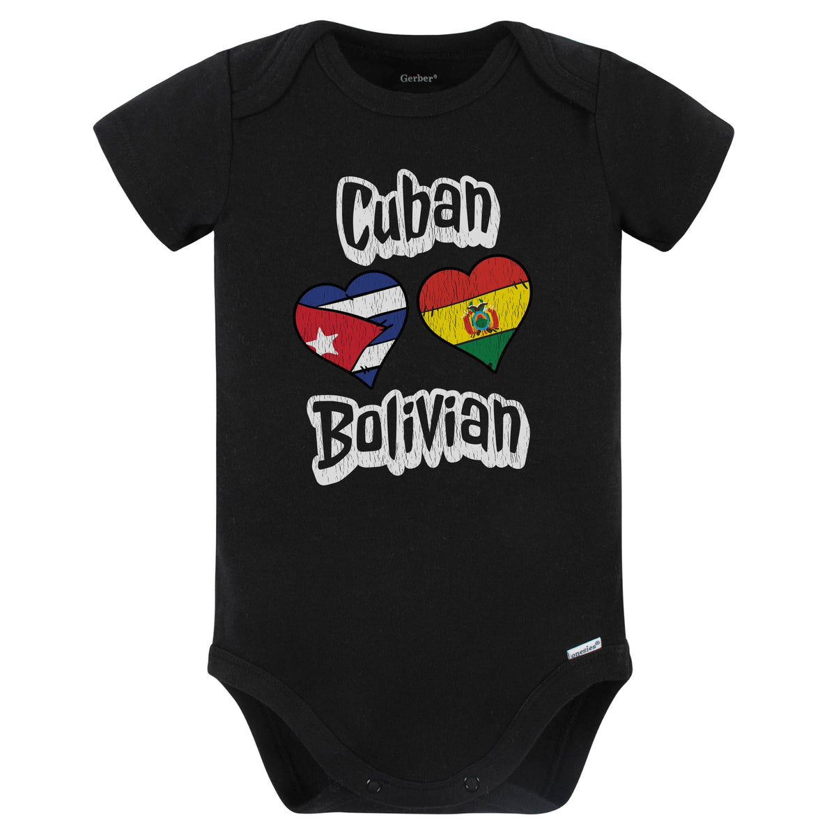 Cuban Bolivian Flag Heart Combo Cuba Bolivia Baby Bodysuit Distressed (Black)