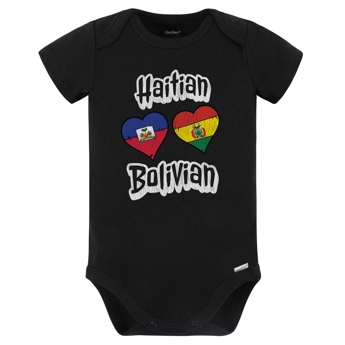 Haitian Bolivian Flag Heart Combo Haiti Bolivia Baby Bodysuit Distressed (Black)