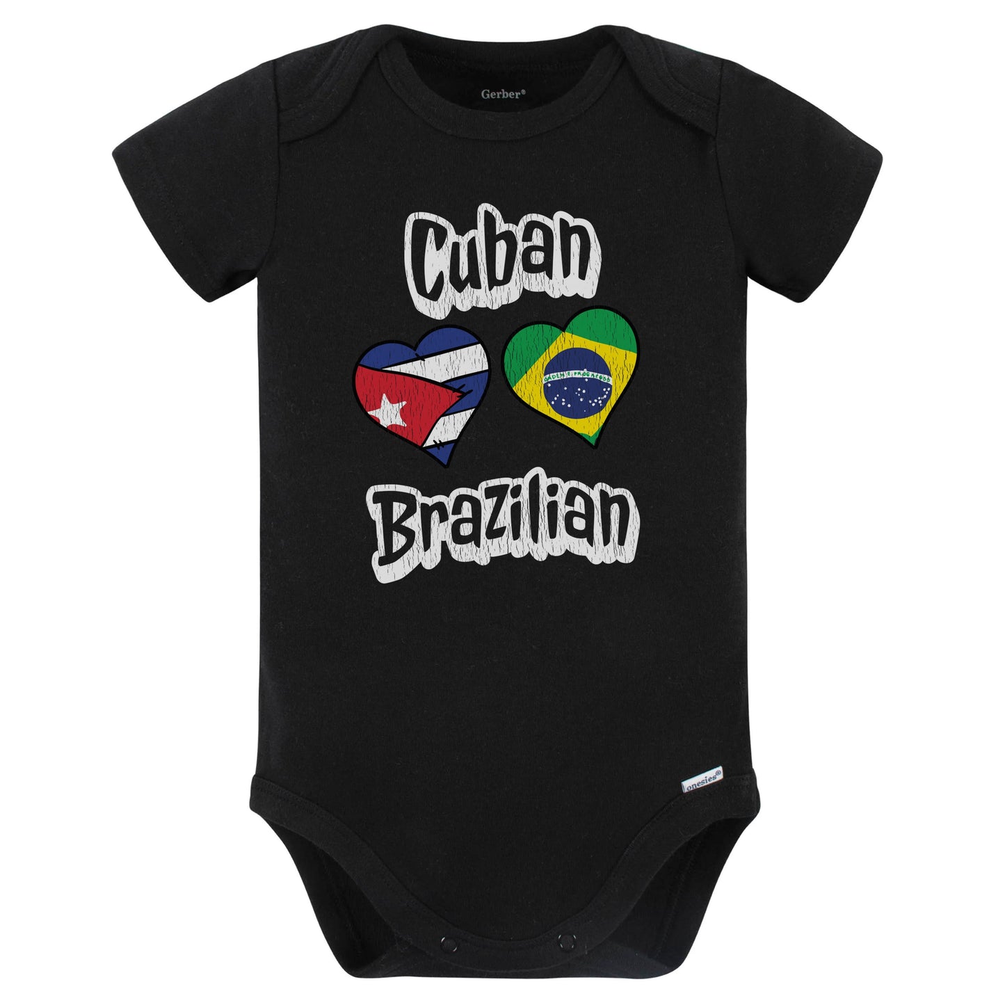 Cuban Brazilian Flag Heart Combo Cuba Brazil Baby Bodysuit Distressed (Black)