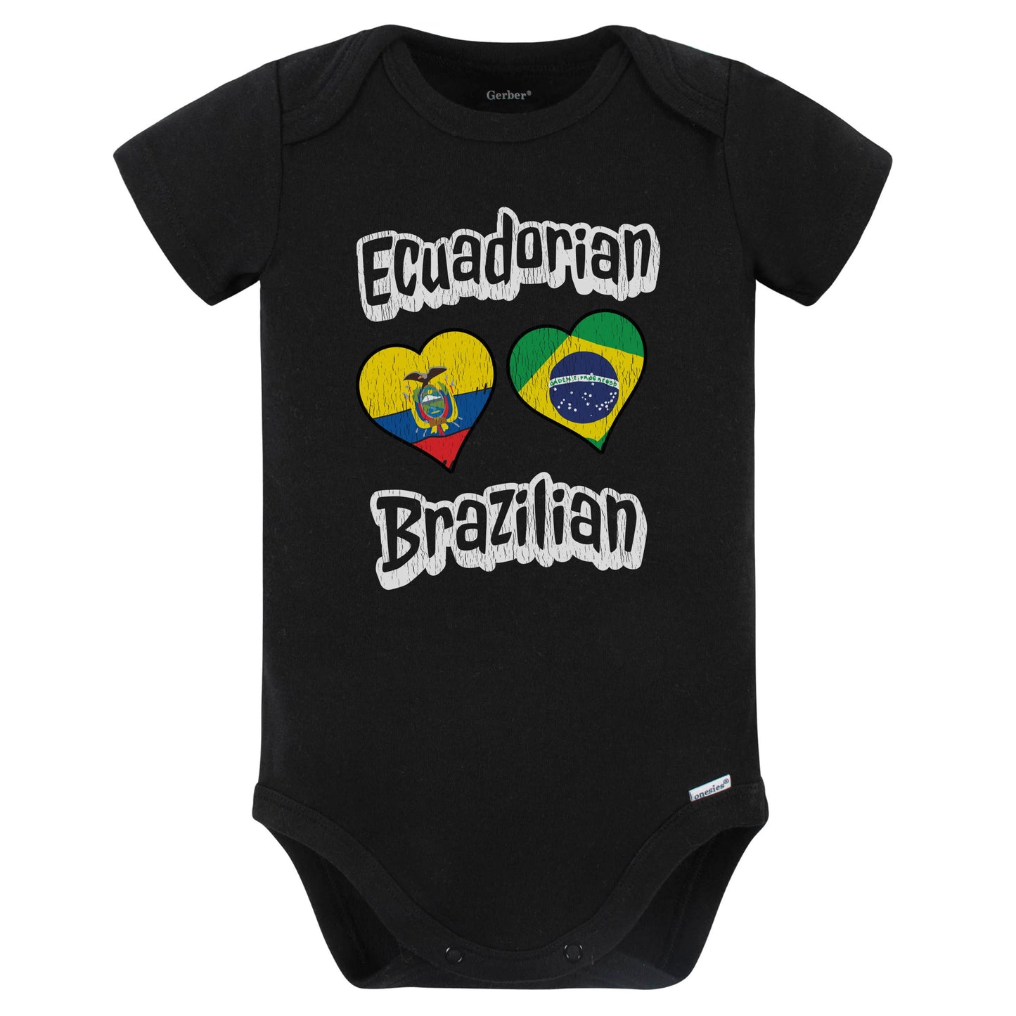 Ecuadorian Brazilian Flag Heart Combo Ecuador Brazil Baby Bodysuit Distressed (Black)