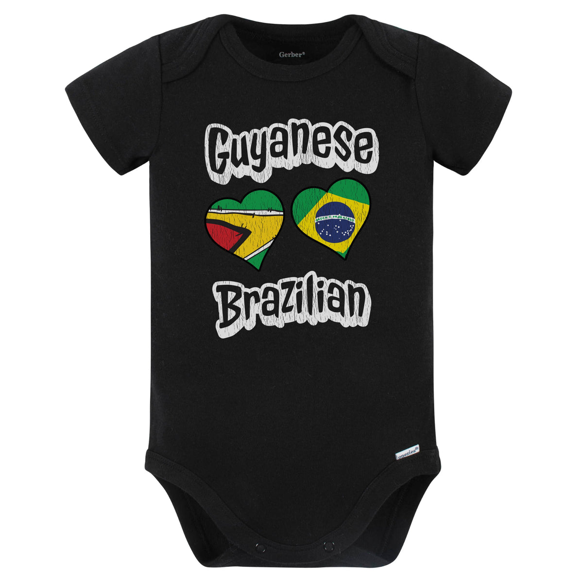 Guyanese Brazilian Flag Heart Combo Guyana Brazil Baby Bodysuit Distressed (Black)