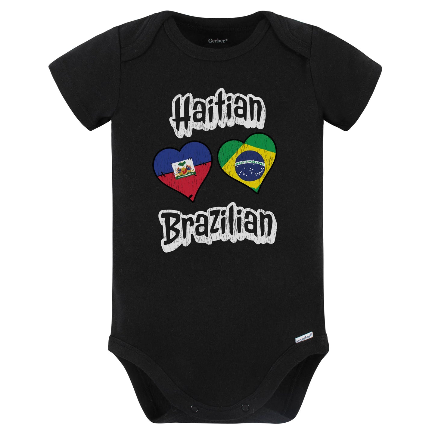 Haitian Brazilian Flag Heart Combo Haiti Brazil Baby Bodysuit Distressed (Black)