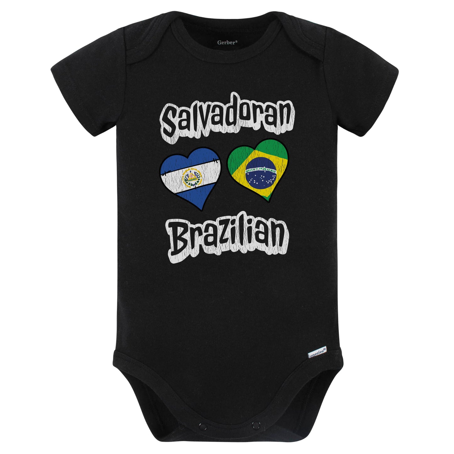 Salvadoran Brazilian Flag Heart Combo El Salvador Brazil Baby Bodysuit Distressed (Black)