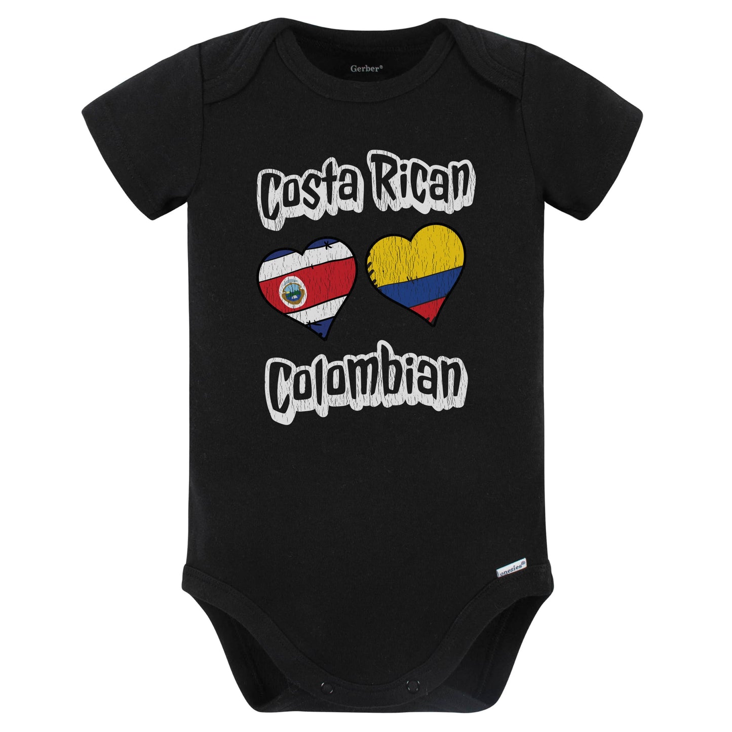 Costa Rican Colombian Flag Heart Combo Costa Rica Colombia Baby Bodysuit Distressed (Black)