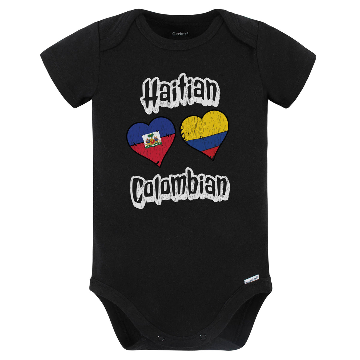 Haitian Colombian Flag Heart Combo Haiti Colombia Baby Bodysuit Distressed (Black)