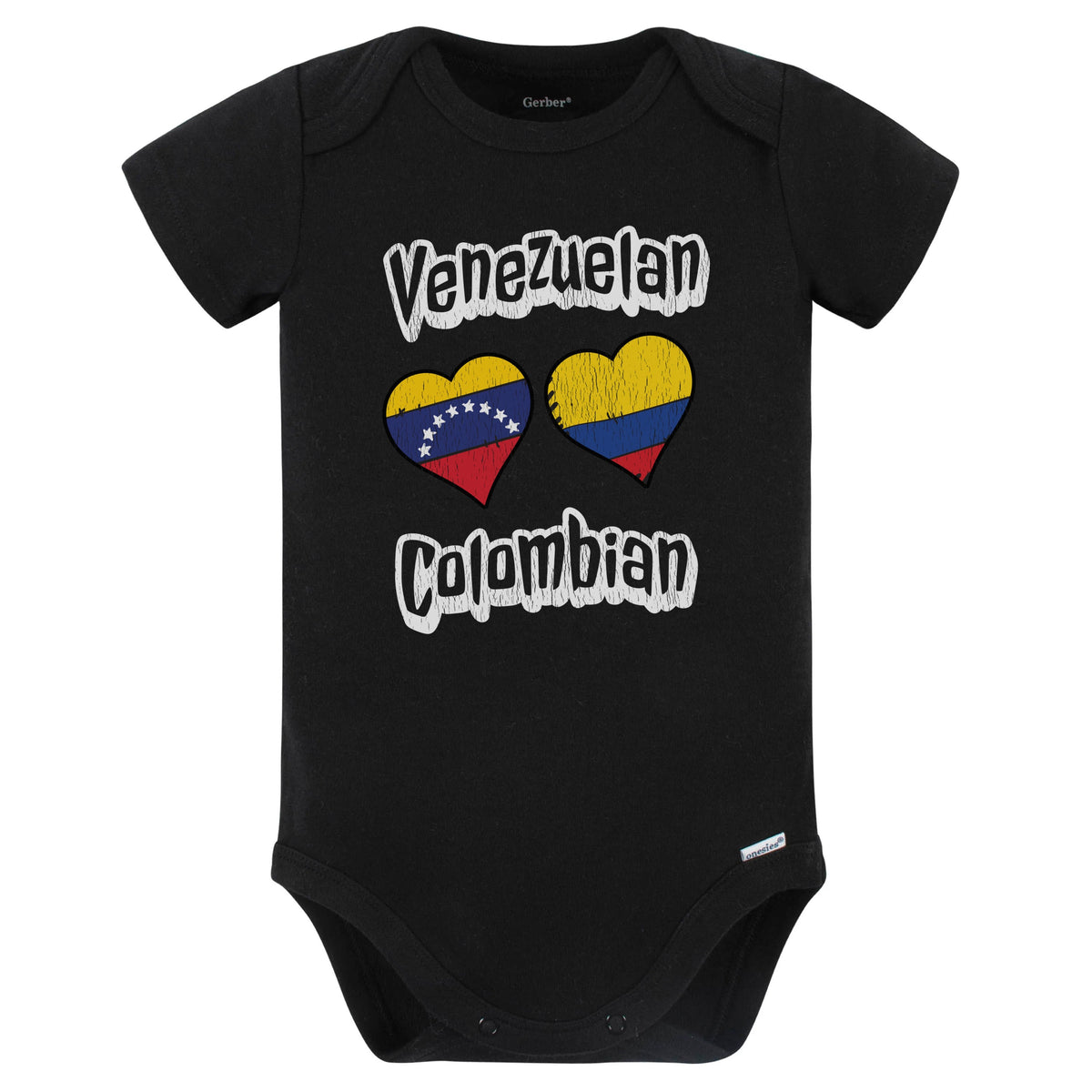 Venezuelan Colombian Flag Heart Combo Venezuela Colombia Baby Bodysuit Distressed (Black)