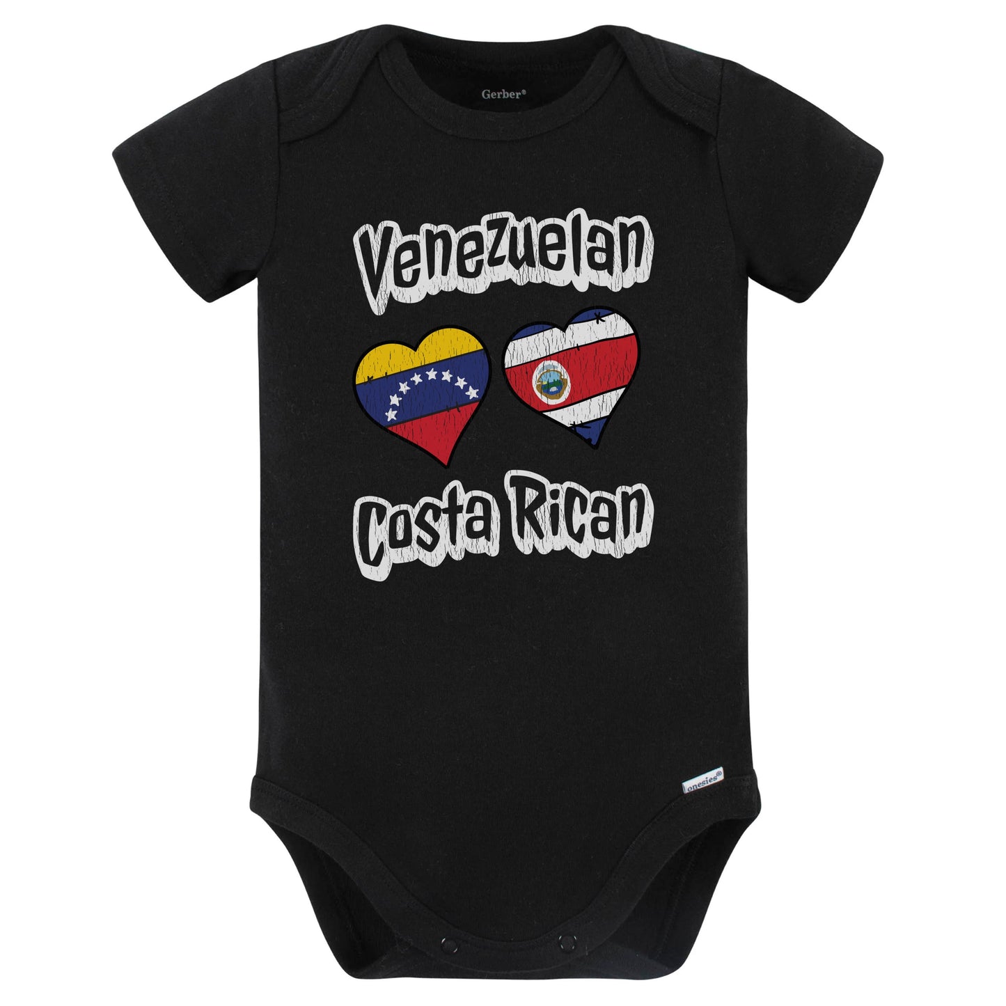 Venezuelan Costa Rican Flag Heart Combo Venezuela Costa Rica Baby Bodysuit Distressed (Black)