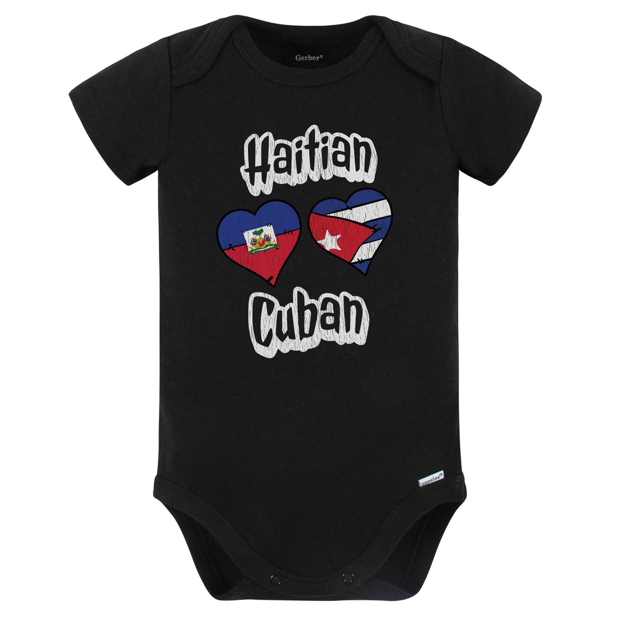 Haitian Cuban Flag Heart Combo Haiti Cuba Baby Bodysuit Distressed (Black)