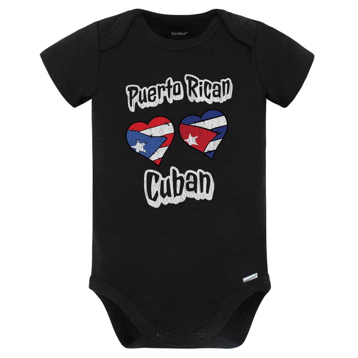 Puerto Rican Cuban Flag Heart Combo Puerto Rico Cuba Baby Bodysuit Distressed (Black)