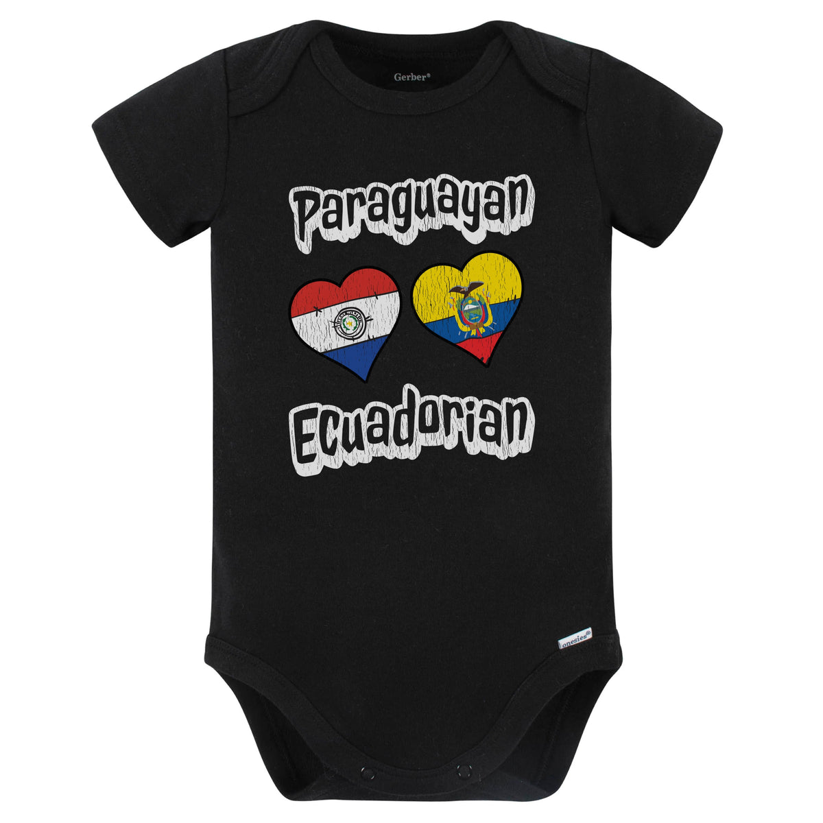 Paraguayan Ecuadorian Flag Heart Combo Paraguay Ecuador Baby Bodysuit Distressed (Black)
