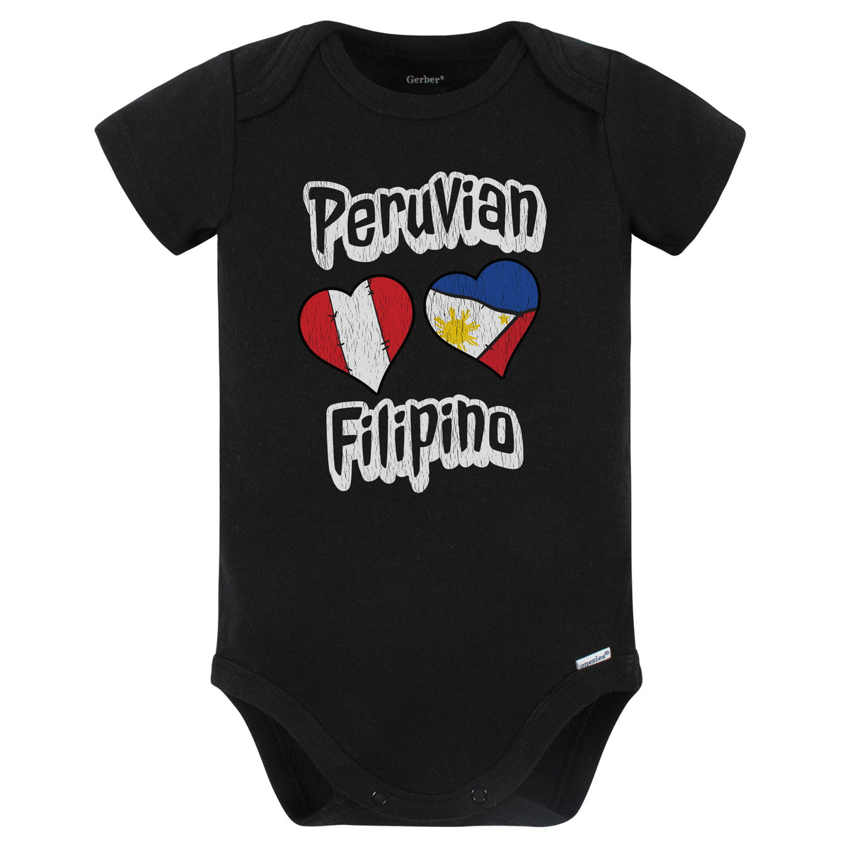 Peruvian Filipino Flag Heart Combo Peru Philippines Baby Bodysuit Distressed (Black)