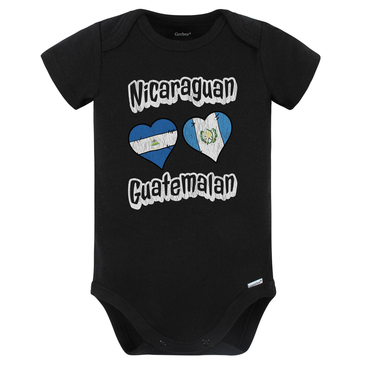 Nicaraguan Guatemalan Flag Heart Combo Nicaragua Guatemala Baby Bodysuit Distressed (Black)