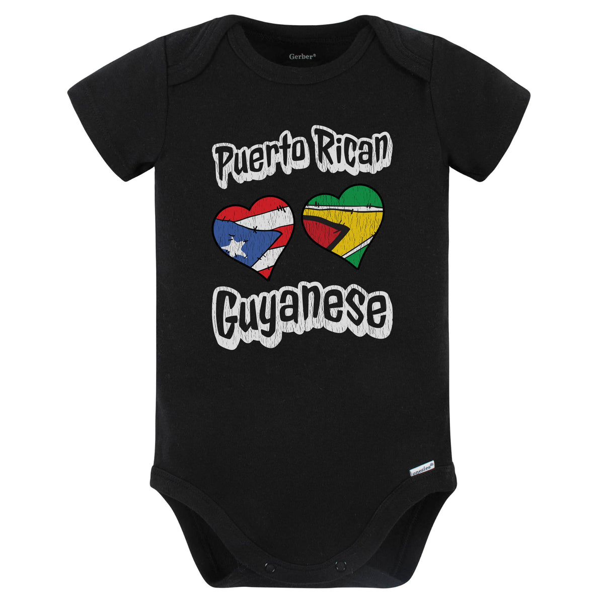 Puerto Rican Guyanese Flag Heart Combo Puerto Rico Guyana Baby Bodysuit Distressed (Black)