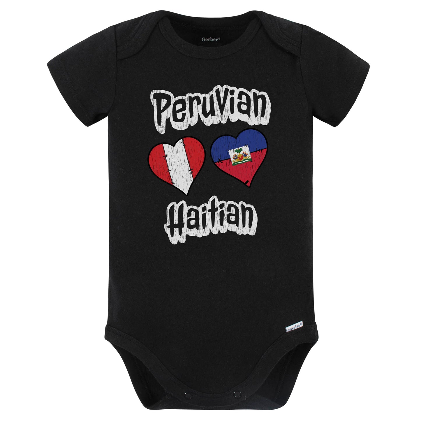 Peruvian Haitian Flag Heart Combo Peru Haiti Baby Bodysuit Distressed (Black)