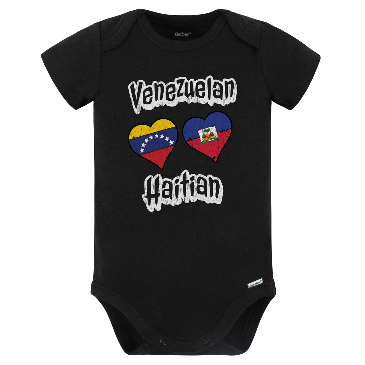 Venezuelan Haitian Flag Heart Combo Venezuela Haiti Baby Bodysuit Distressed (Black)