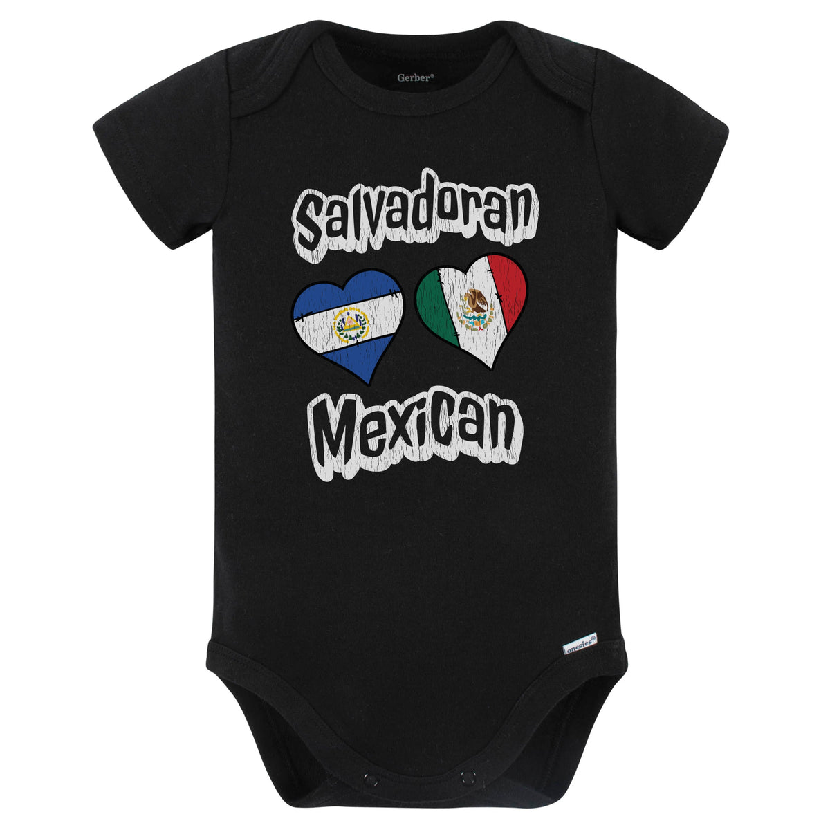 Salvadoran Mexican Flag Heart Combo El Salvador Mexico Baby Bodysuit Distressed (Black)