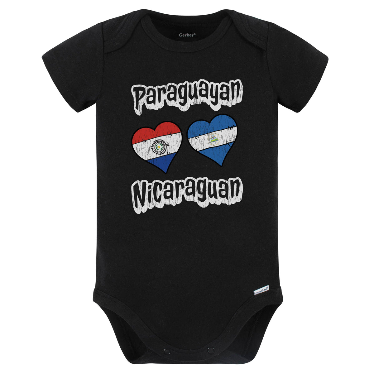 Paraguayan Nicaraguan Flag Heart Combo Paraguay Nicaragua Baby Bodysuit Distressed (Black)