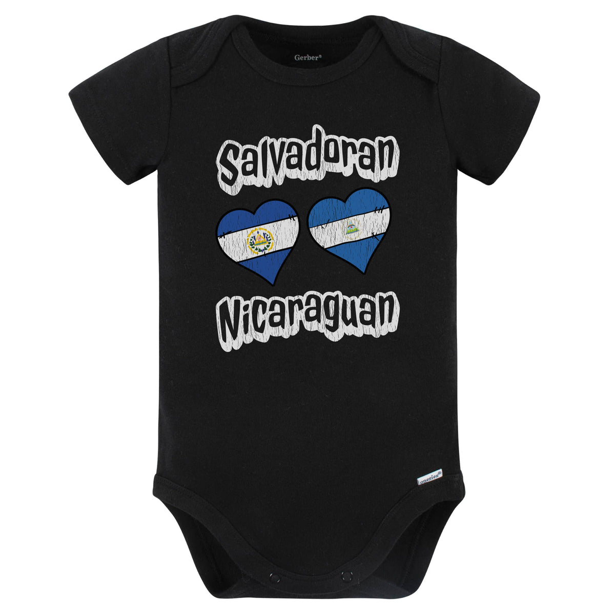 Salvadoran Nicaraguan Flag Heart Combo El Salvador Nicaragua Baby Bodysuit Distressed (Black)