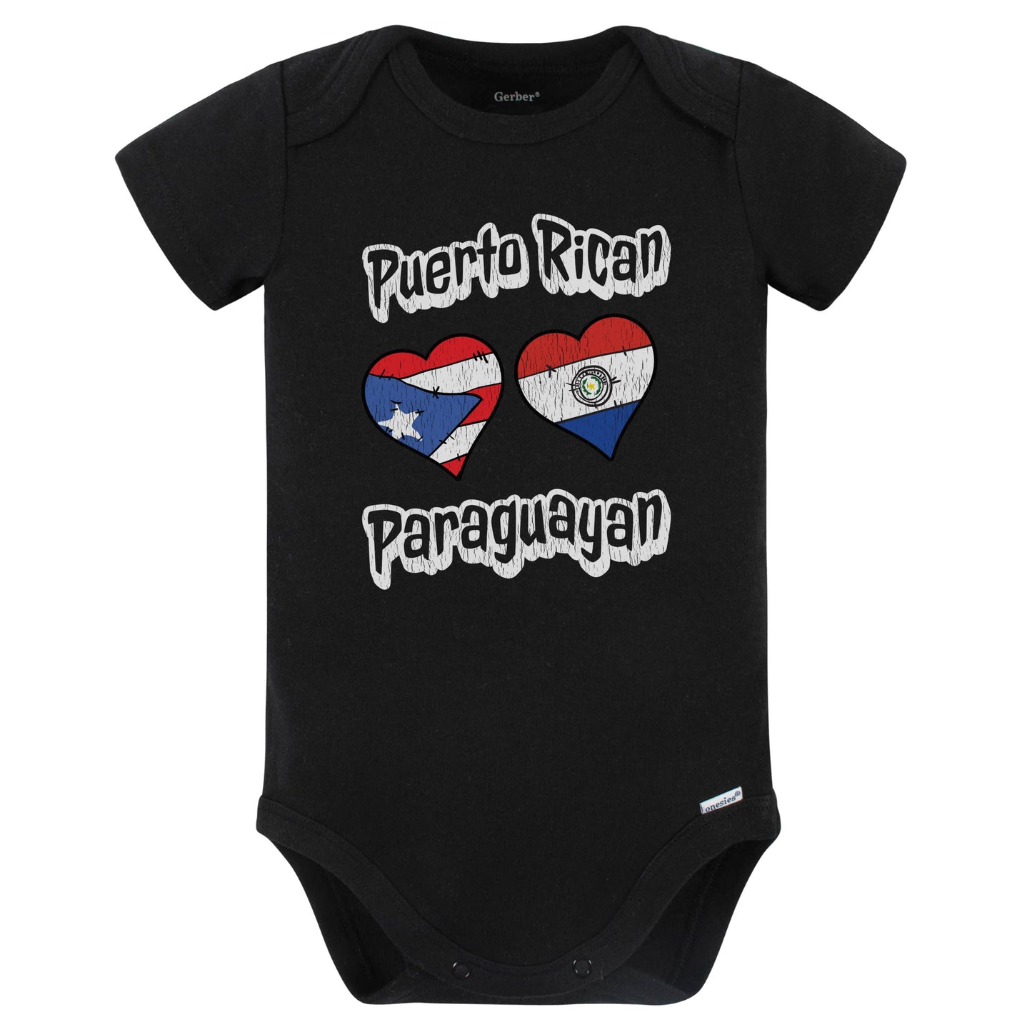Puerto Rican Paraguayan Flag Hearts Puerto Rico Paraguay Baby Bodysuit Distressed (Black)