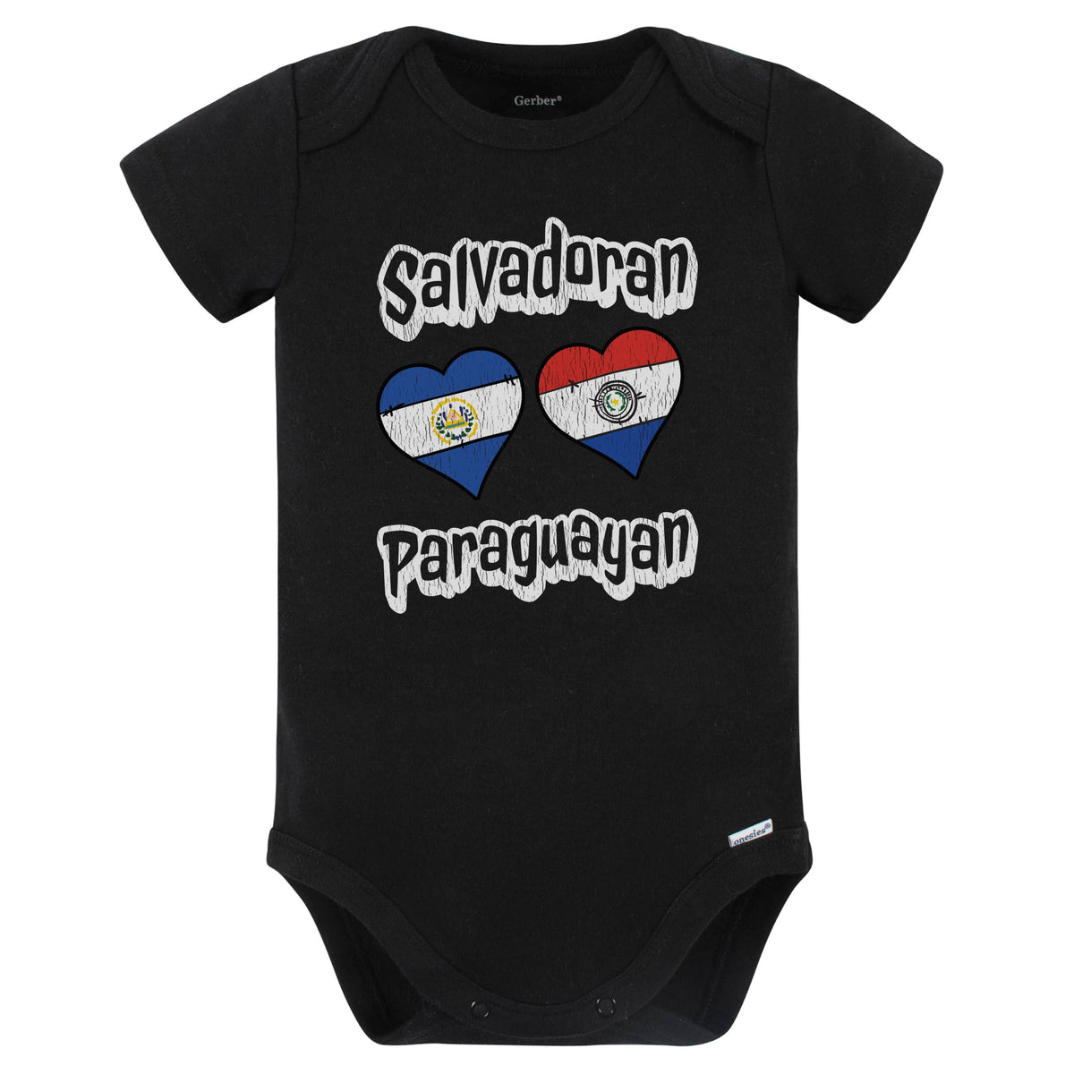Salvadoran Paraguayan Flag Heart Combo El Salvador Paraguay Baby Bodysuit Distressed (Black)