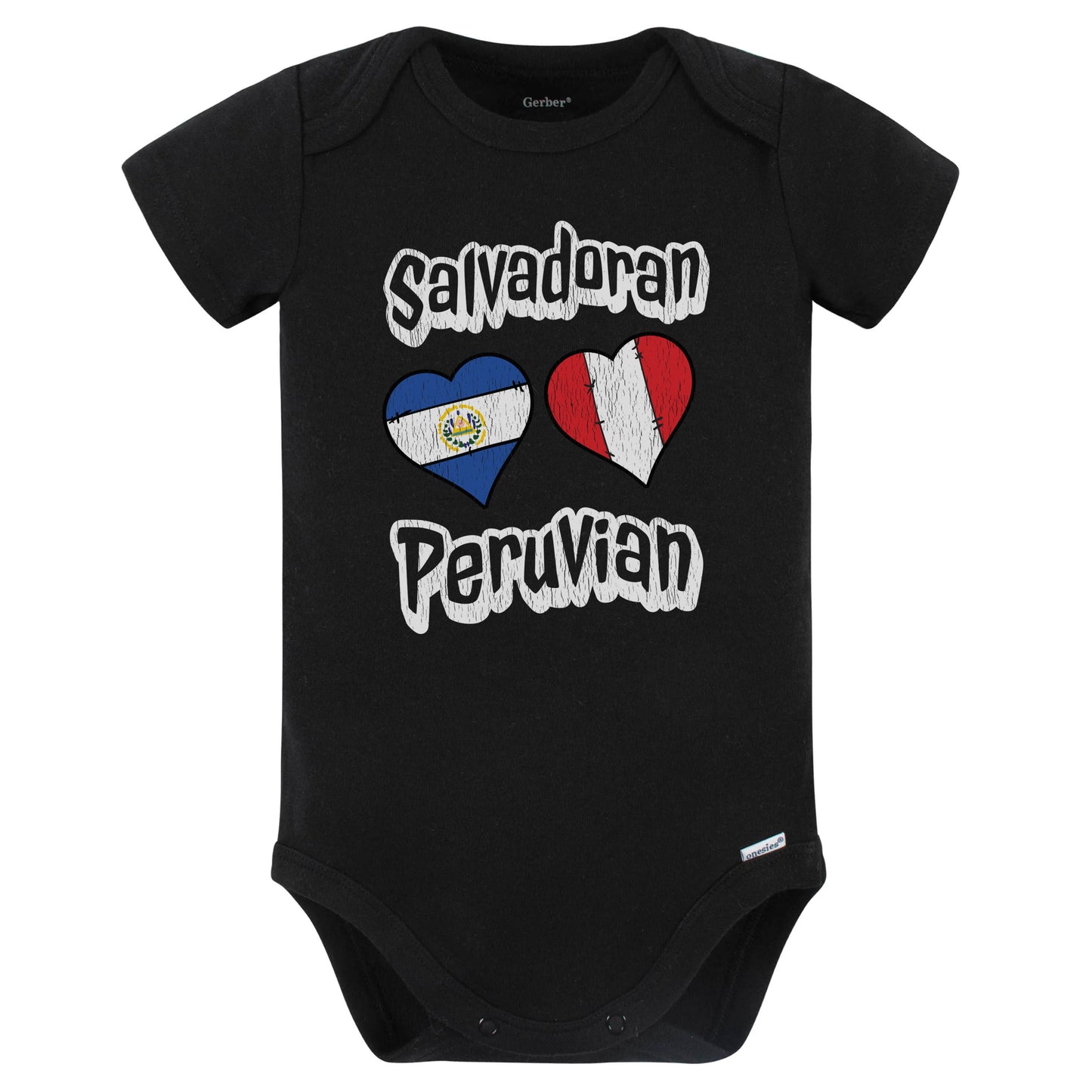 Salvadoran Peruvian Flag Heart Combo El Salvador Peru Baby Bodysuit Distressed (Black)