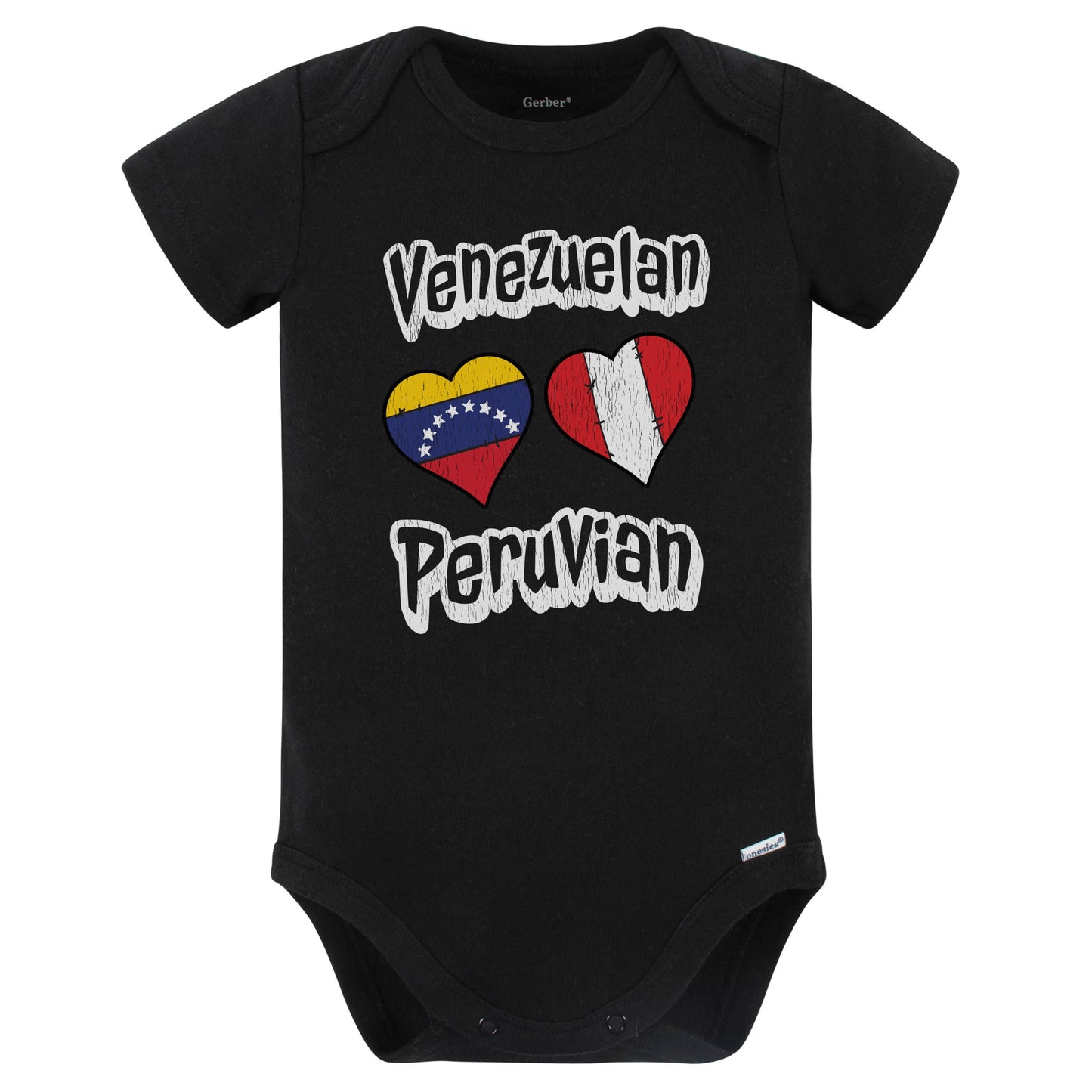 Venezuelan Peruvian Flag Heart Combo Venezuela Peru Baby Bodysuit Distressed (Black)