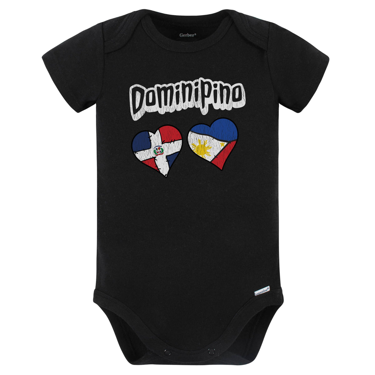 Dominipino Dominican Filipino Flag Heart Combo Baby Bodysuit Distressed (Black)