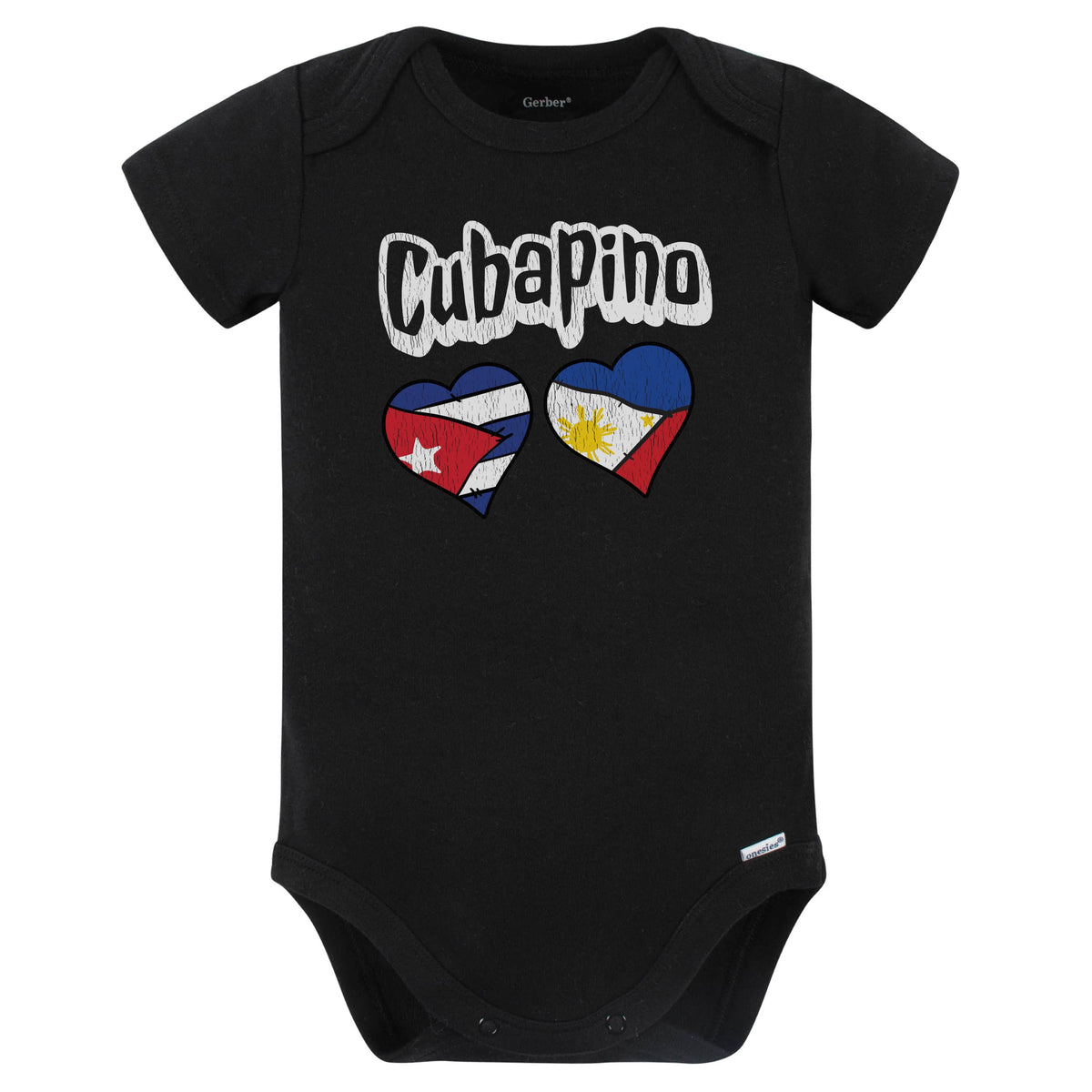 Cubapino Cuban Filipino Flag Heart Combo Cuba Philippines Baby Bodysuit Distressed (Black)