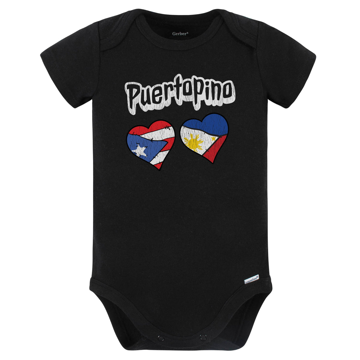 Puertopino Puerto Rican Filipino Flag Heart Combo Baby Bodysuit Distressed (Black)