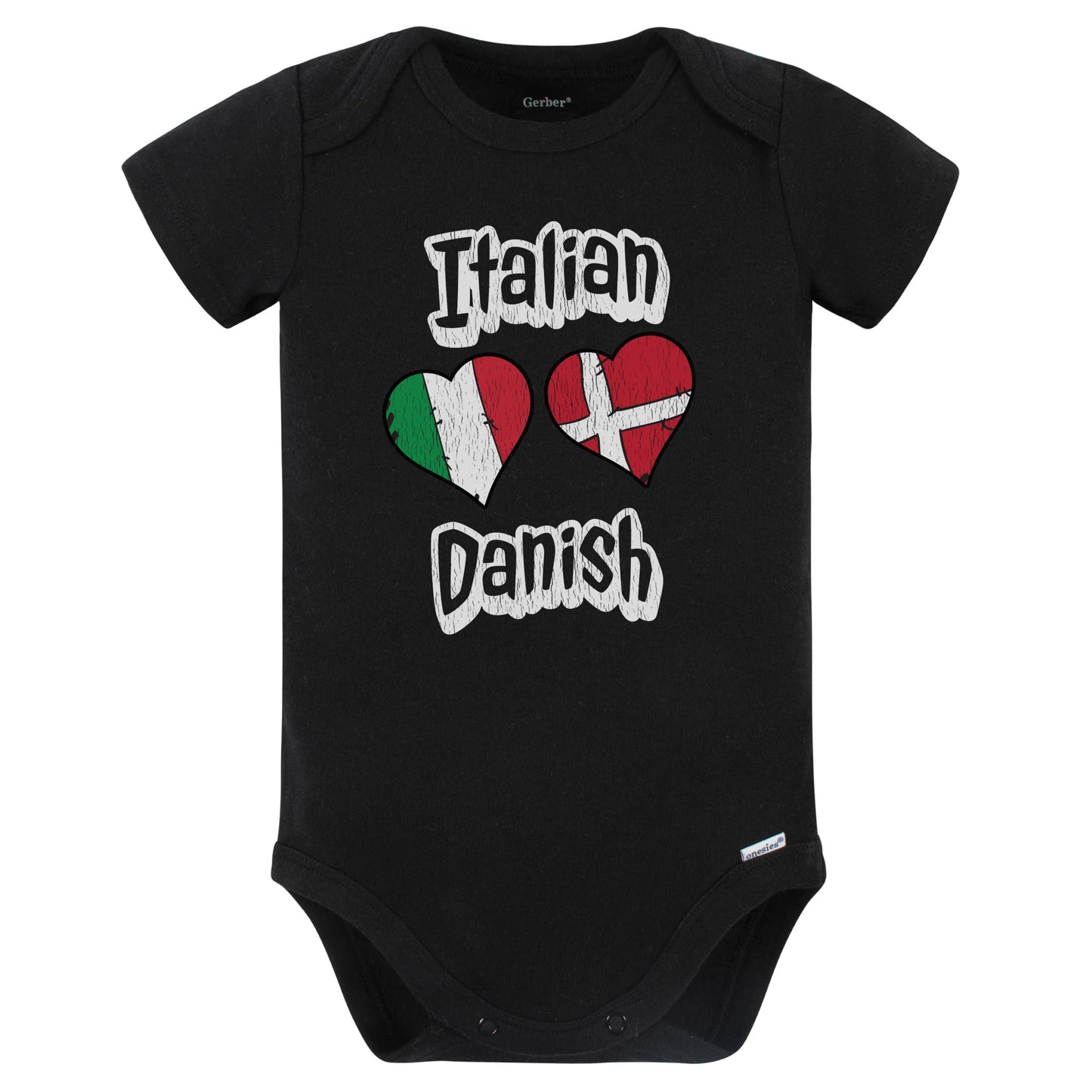 Italian Danish Flag Heart Combo Italy Denmark Baby Bodysuit Distressed (Black)