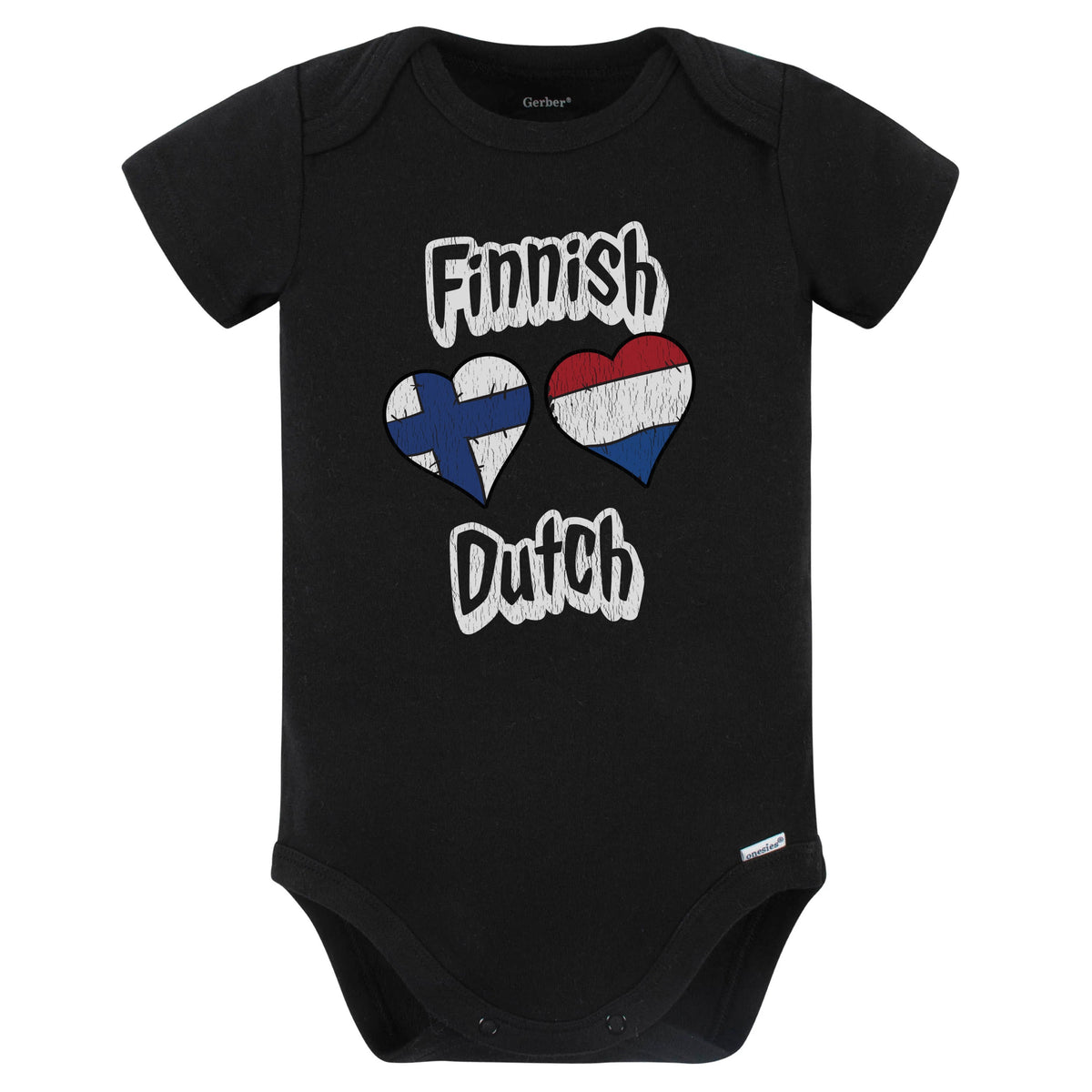 Finnish Dutch Flag Heart Combo Finland Netherlands Baby Bodysuit Distressed (Black)