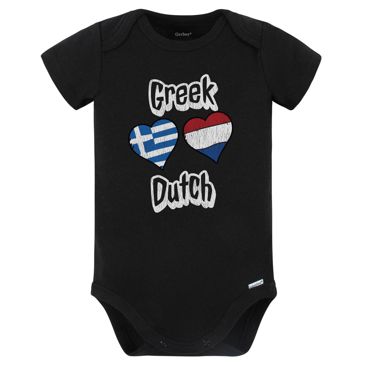 Greek Dutch Flag Heart Combo Greece Netherlands Baby Bodysuit Distressed (Black)