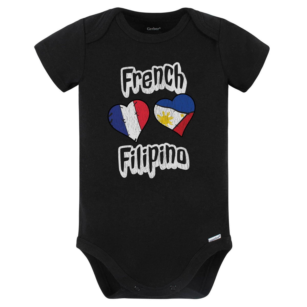 French Filipino Flag Heart Combo France Philippines Baby Bodysuit Distressed (Black)