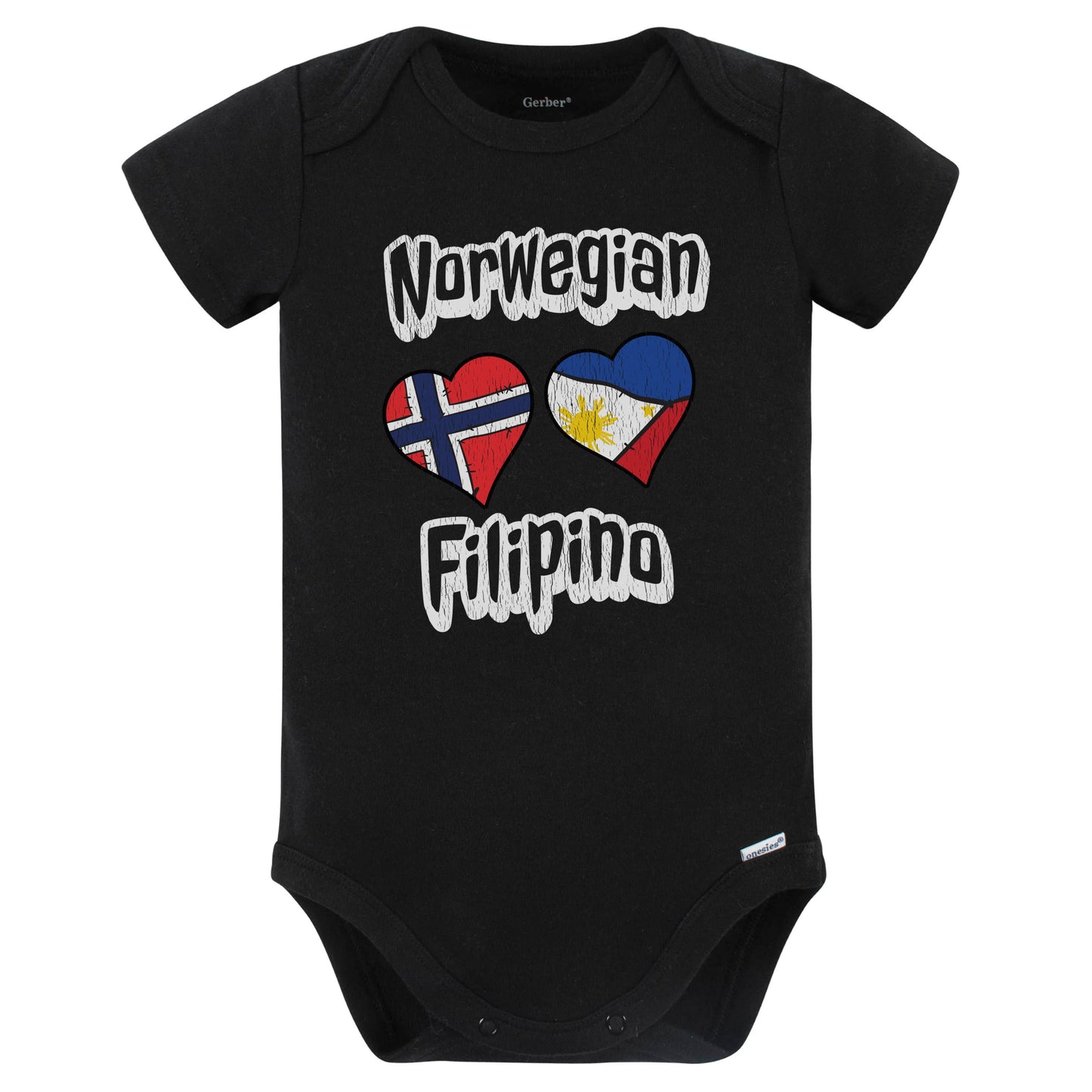 Norwegian Filipino Flag Heart Combo Norway Philippines Baby Bodysuit Distressed (Black)