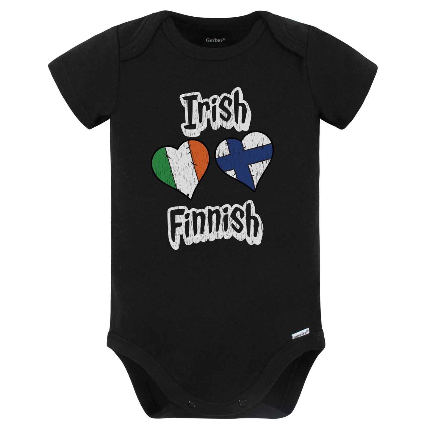 Irish Finnish Flag Heart Combo Ireland Finland Baby Bodysuit Distressed (Black)