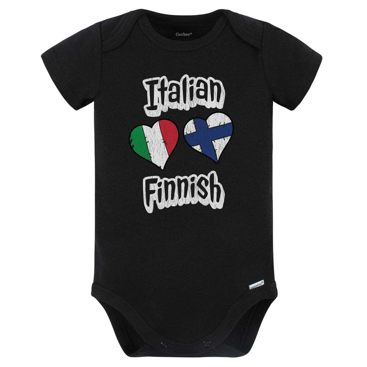 Italian Finnish Flag Heart Combo Italy Finland Baby Bodysuit Distressed (Black)