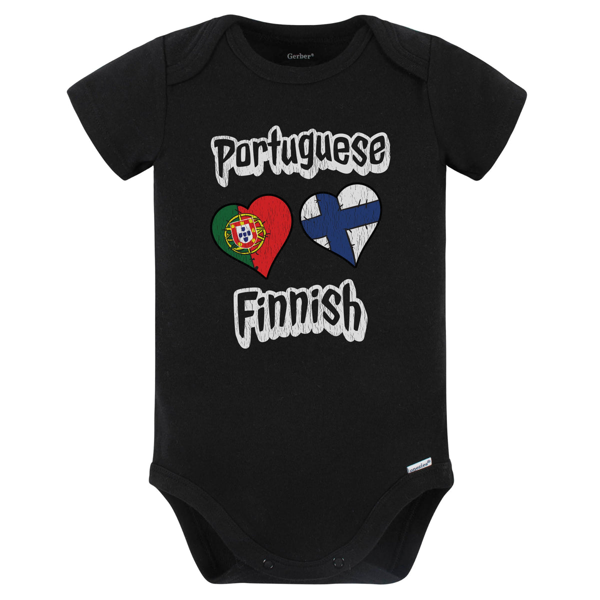 Portuguese Finnish Flag Heart Combo Portugal Finland Baby Bodysuit Distressed (Black)