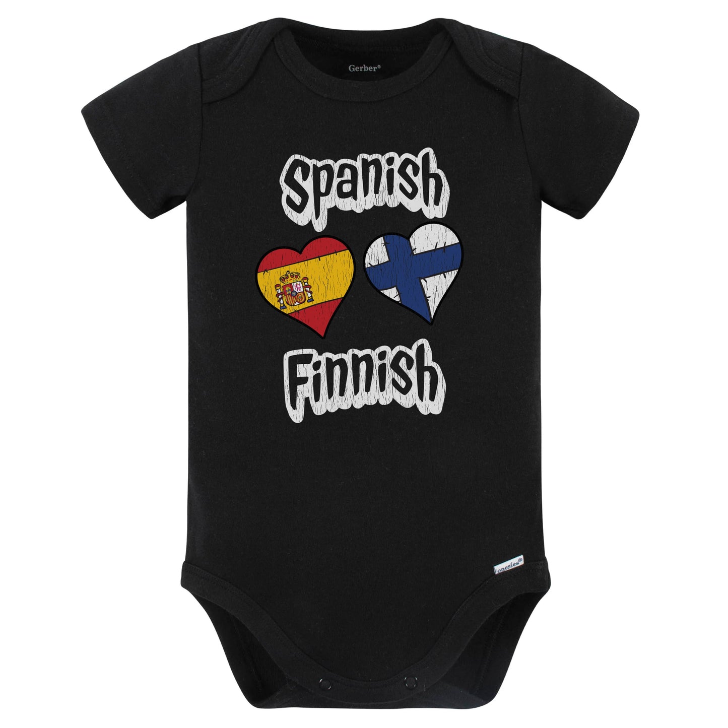 Spanish Finnish Flag Heart Combo Spain Finland Baby Bodysuit Distressed (Black)