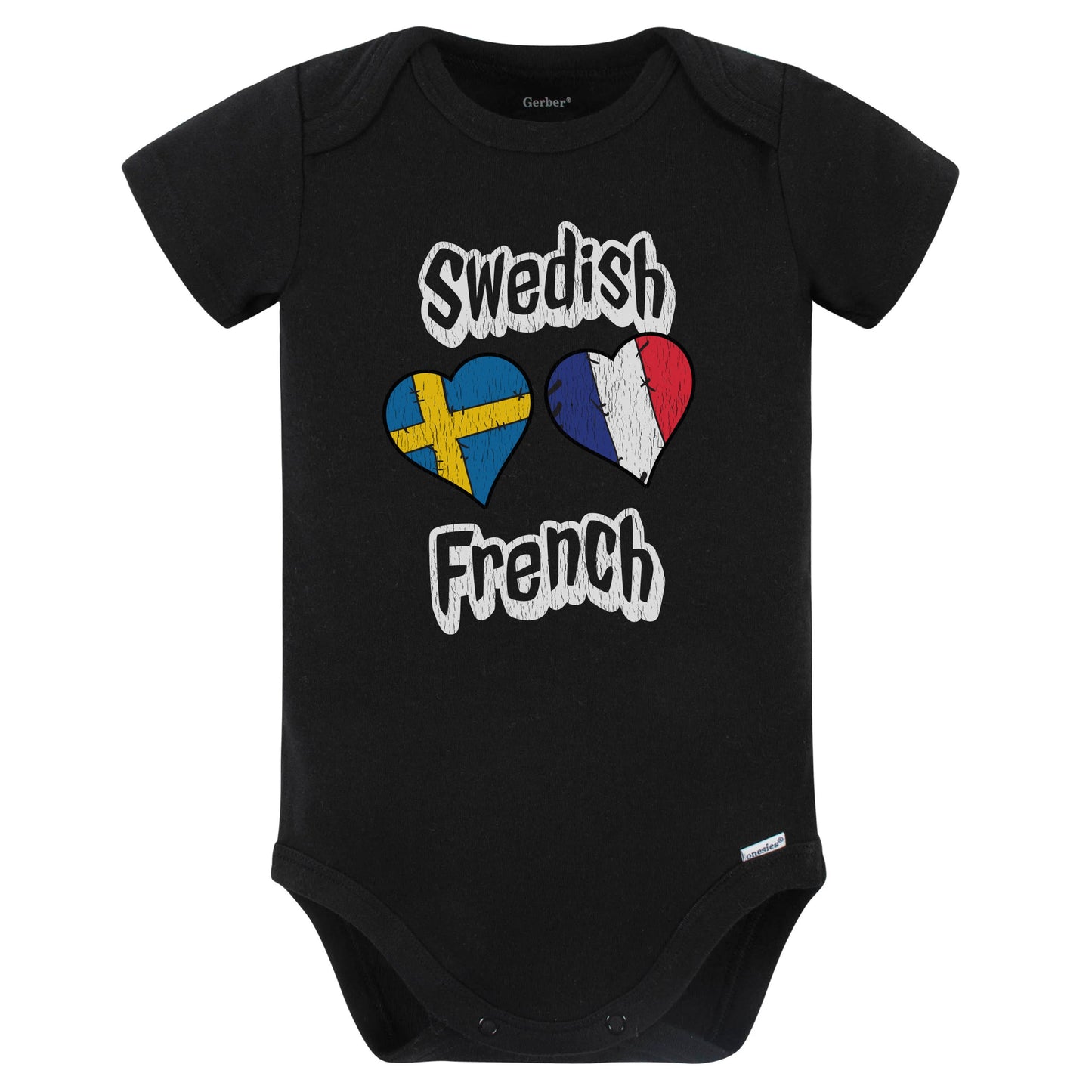 Swedish French Flag Heart Combo Sweden France Baby Bodysuit Distressed (Black)