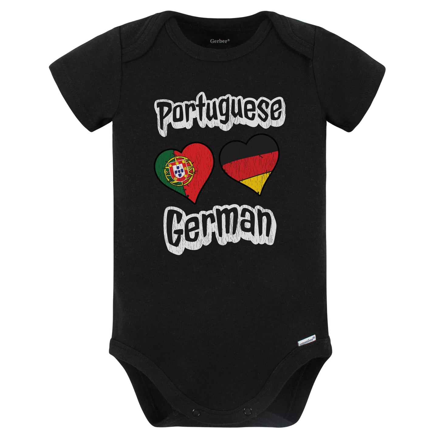 Portuguese German Flag Heart Combo Portugal Germany Baby Bodysuit Distressed (Black)