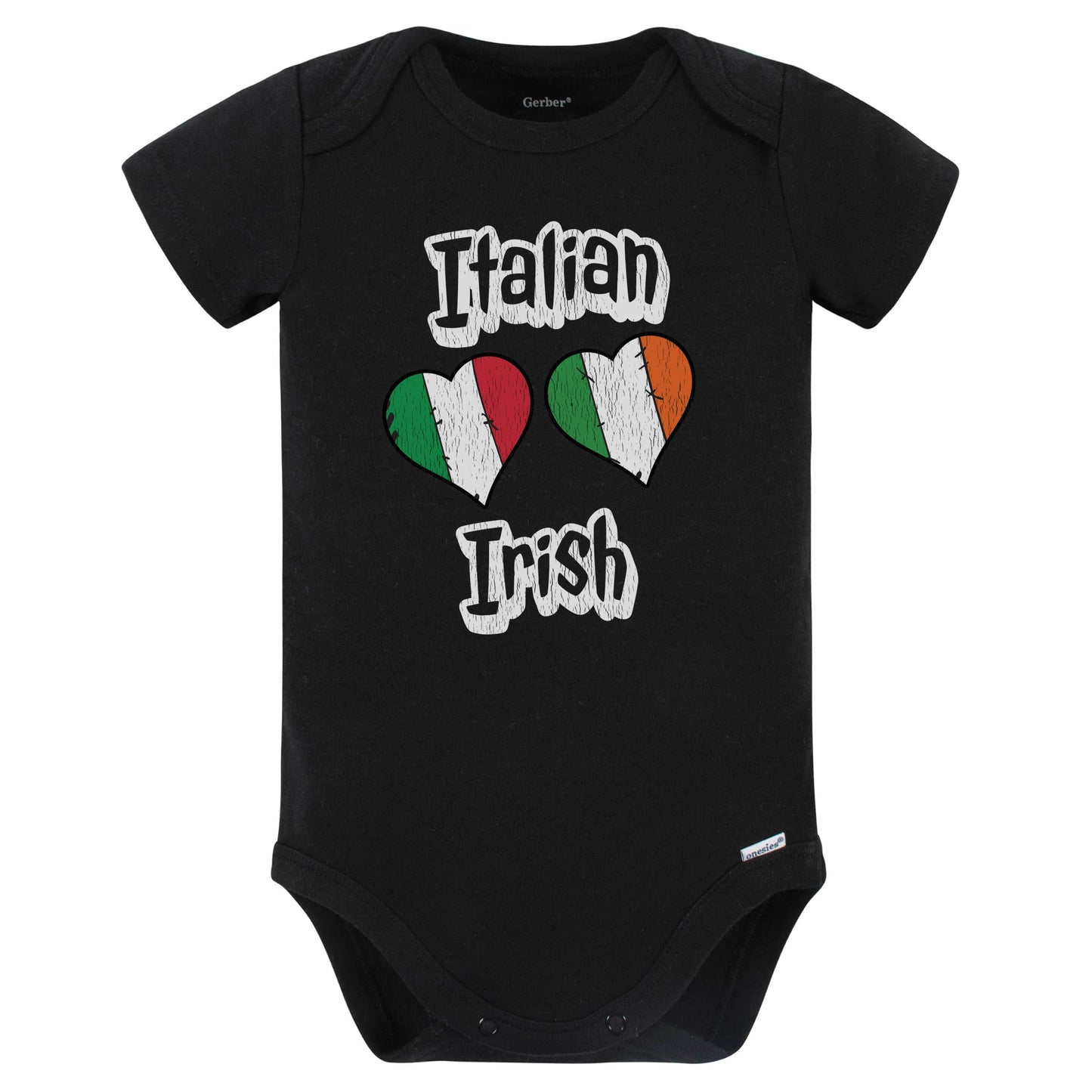 Italian Irish Flag Heart Combo Italy Ireland Baby Bodysuit Distressed (Black)