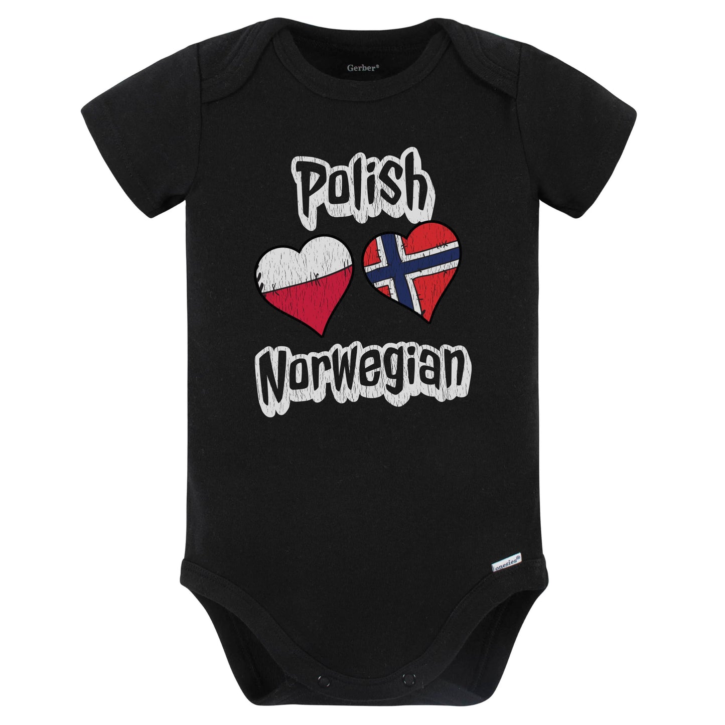 Polish Norwegian Flag Heart Combo Poland Norway Baby Bodysuit Distressed (Black)