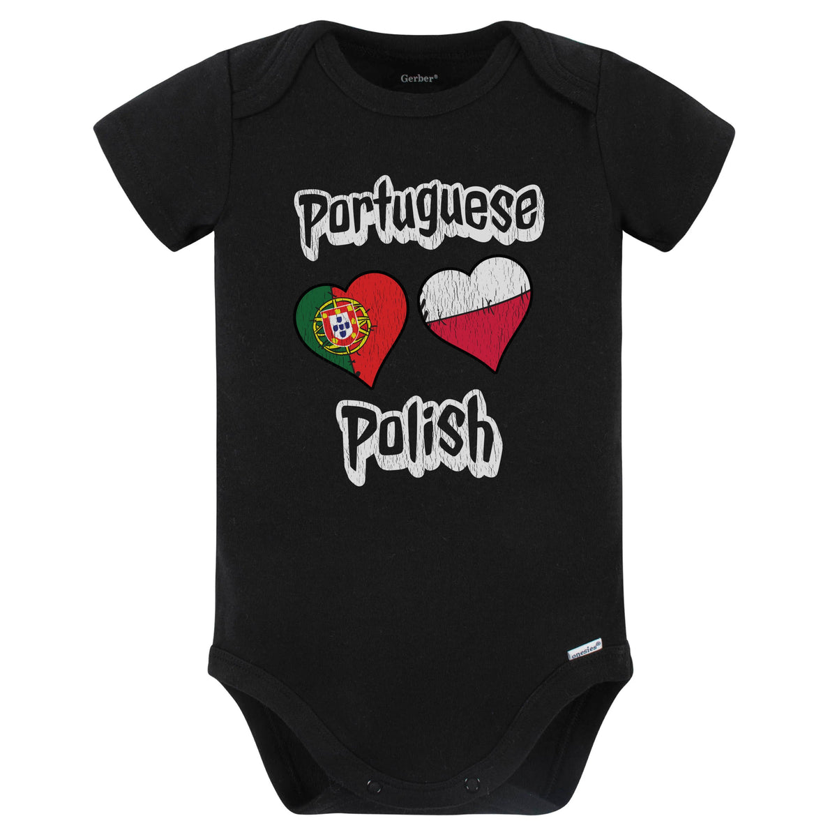 Portuguese Polish Flag Heart Combo Portugal Poland Baby Bodysuit Distressed (Black)