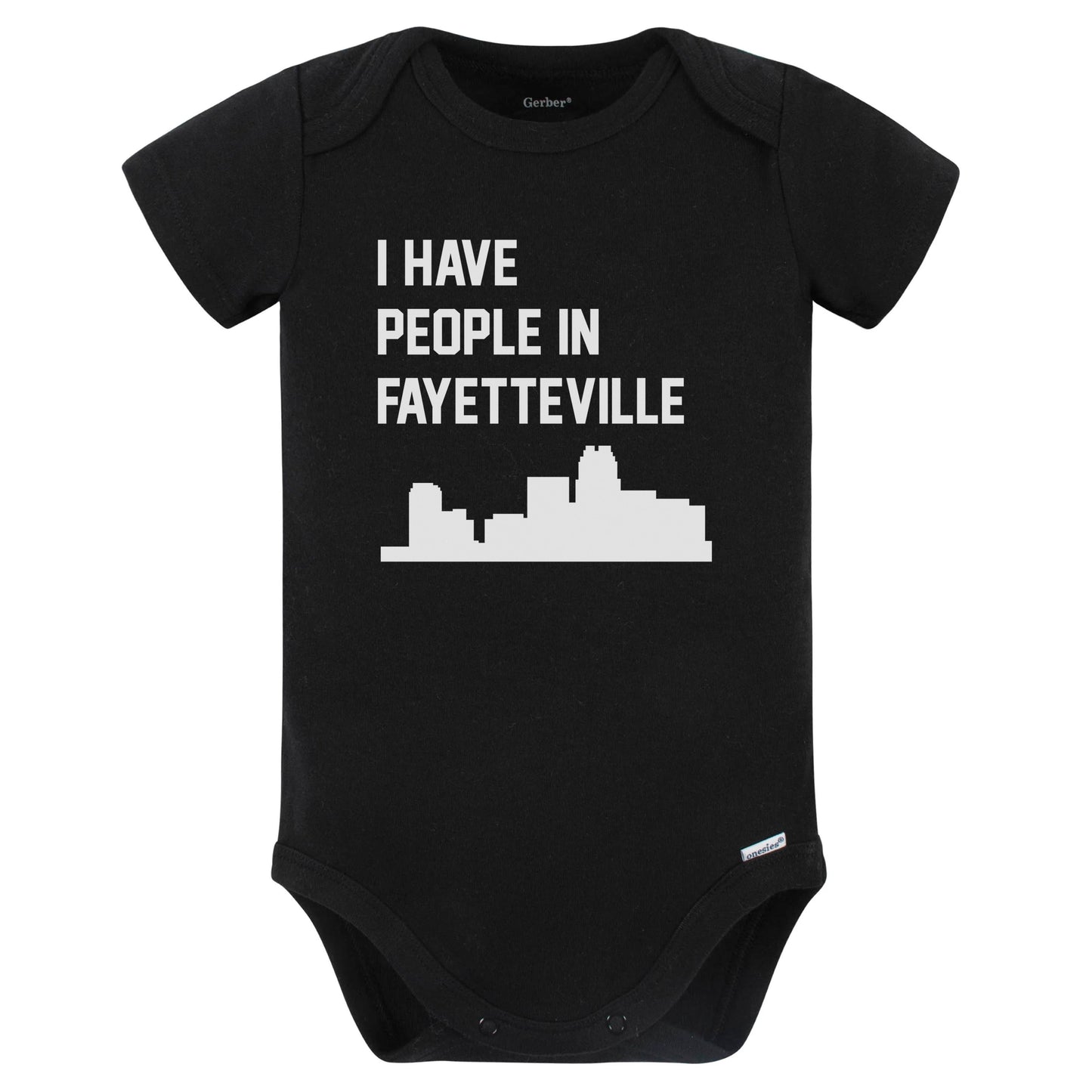 I Have People In Fayetteville North Carolina Skyline Baby Bodysuit (Black)