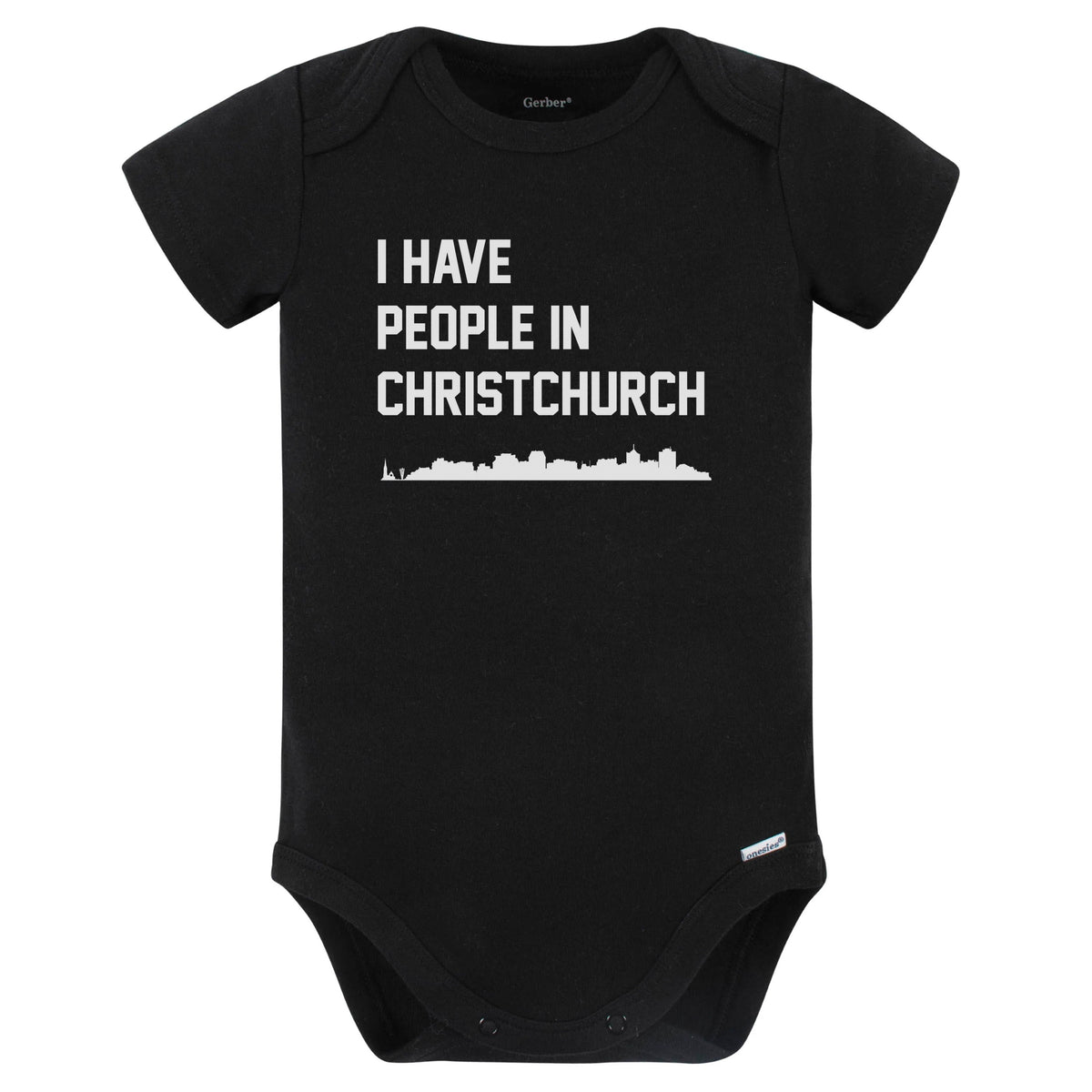 I Have People In Christchurch New Zealand Skyline Baby Bodysuit (Black)
