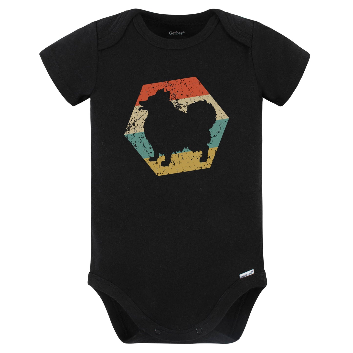 Pomeranian Dog Breed Retro Distressed Hexagon Baby Bodysuit (Black)