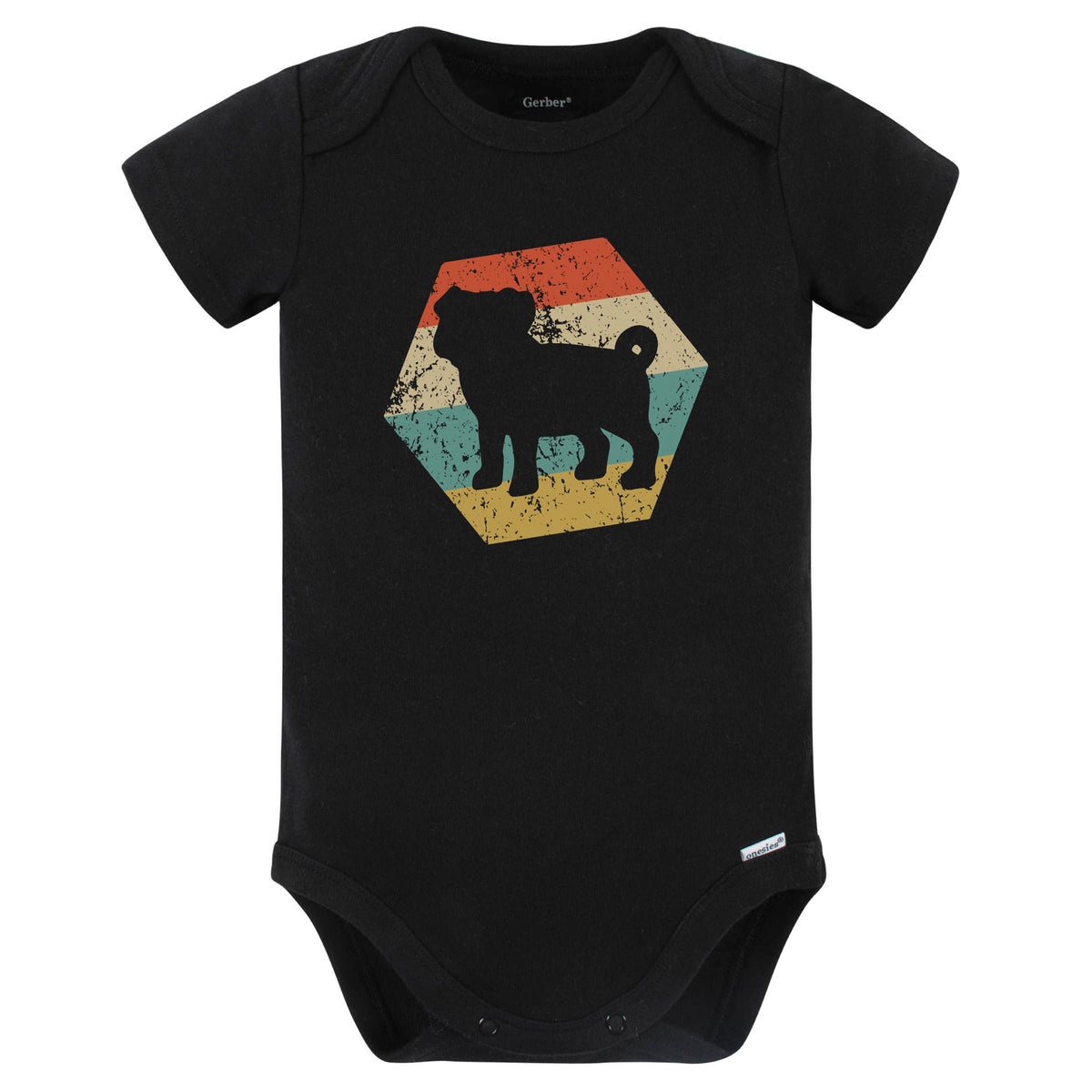 Pug Dog Breed Retro Distressed Hexagon Baby Bodysuit (Black)