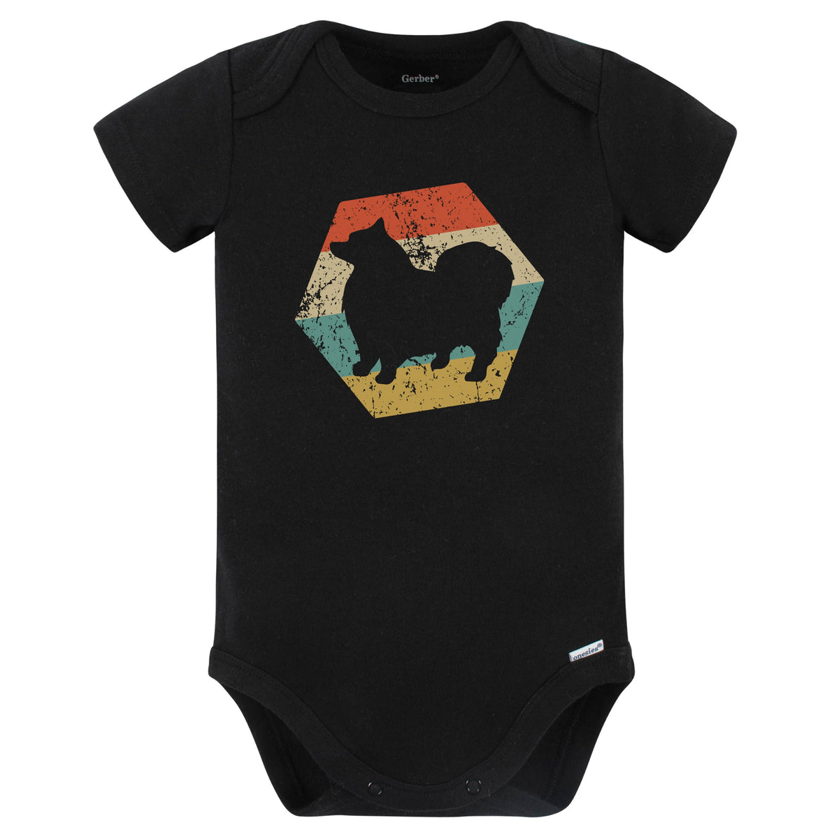 Keeshond Dog Breed Retro Distressed Hexagon Baby Bodysuit (Black)