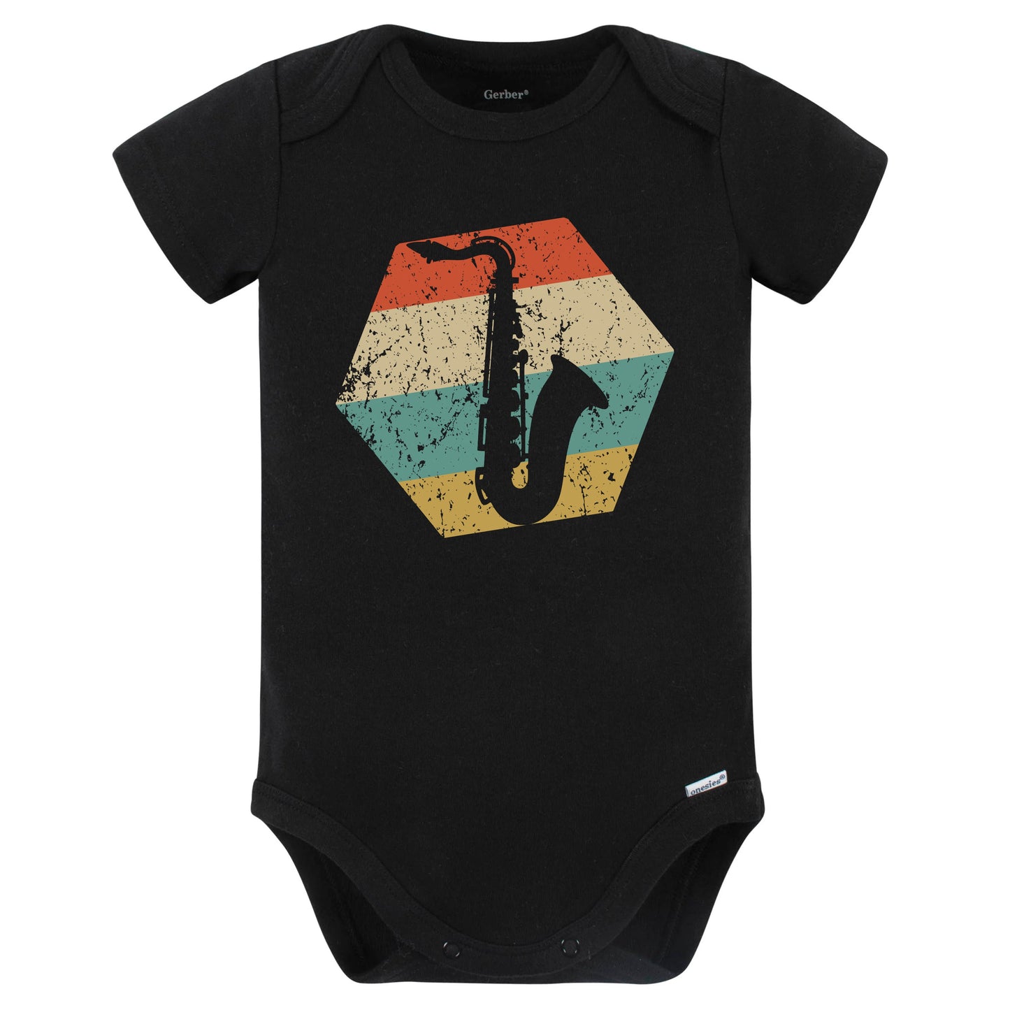 Saxophone Retro Distressed Hexagon Sax Player Baby Bodysuit (Black)